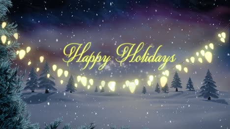 Animation-of-season's-greetings-with-christmas-fairy-lights-and-snow-falling-over-winter-landscape