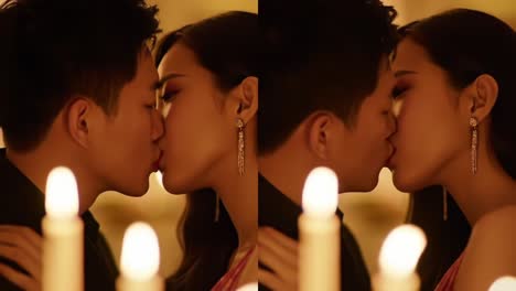 a tender moment captured: a couple shares an intimate kiss amidst candlelight, symbolizing love and connection in a romantic setting