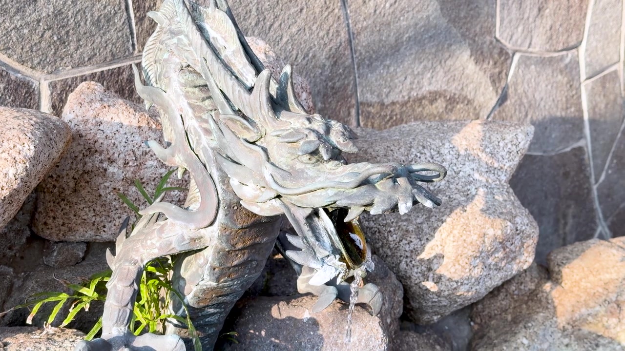 Water flows from a bronze dragon statue mouth against a stone wall in Kanazawa