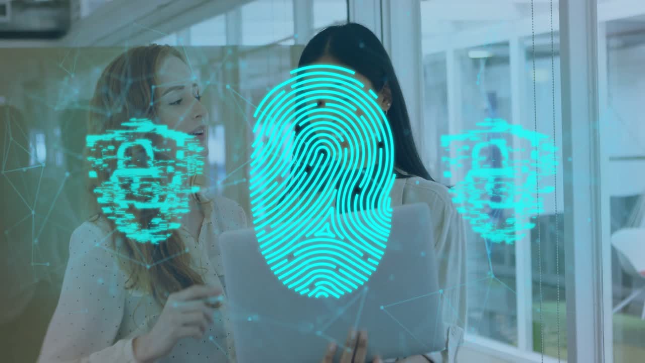 Women using tech laptop as nodes appearing, tracing path initiating fingerprint with pulsing locks