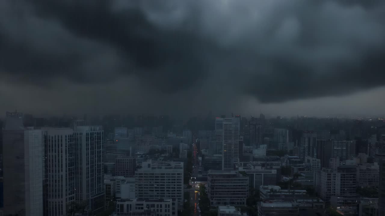 Cityscape under a stormy sky