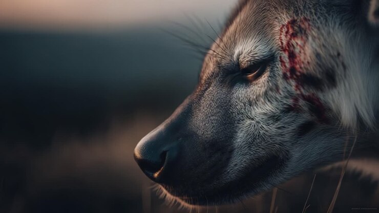 A Close-Up Portrait of a Resilient Hyena with Intriguing Scar Patterns, Capturing the Raw Beauty of Nature's Survivors in a Serene Wilderness During Sunset