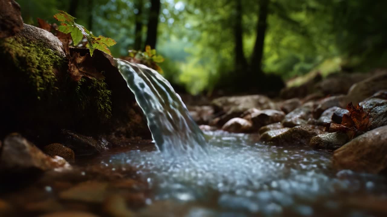 A Serene Water Flow Cascades Over Smooth Stones in a Lush Green Forest Setting, Capturing the Tranquility of Nature and the Sound of Bubbling Water