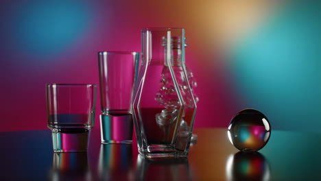 colorful glass objects still life with vibrant background