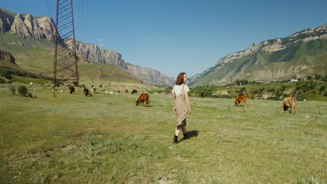 woman walking in a mountain valley with cows