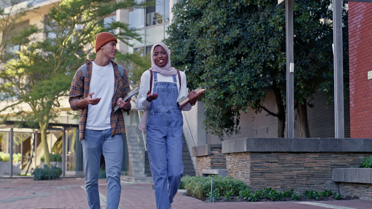 Diverse group of college students walking together on campus