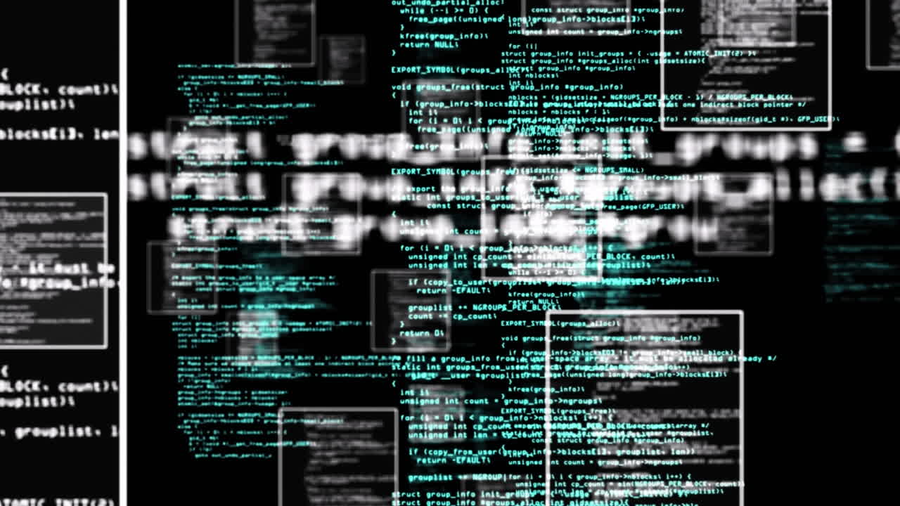 Digital animation of multiple screens with data processing against black background