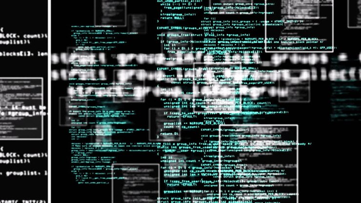 Digital animation of multiple screens with data processing against black background