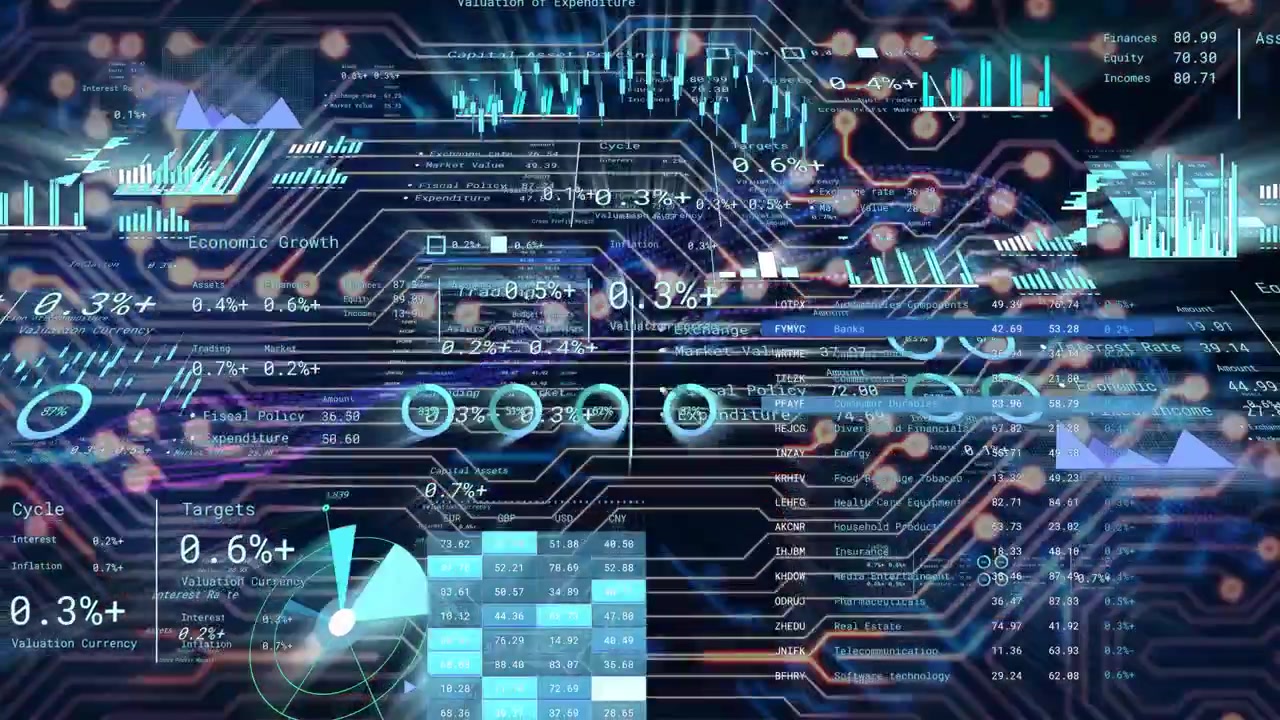 Ved innlasting viser et dashbord skiftende kretser, pulserende noder som oppdaterer data for å visualisere sanntidstrender