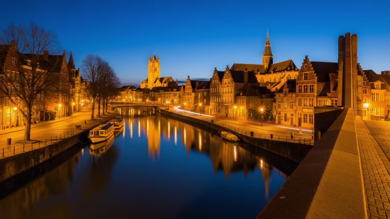Serene Twilight Over a Historic Waterfront: A Captivating View of Illuminated Buildings and Reflective Waters at Dusk