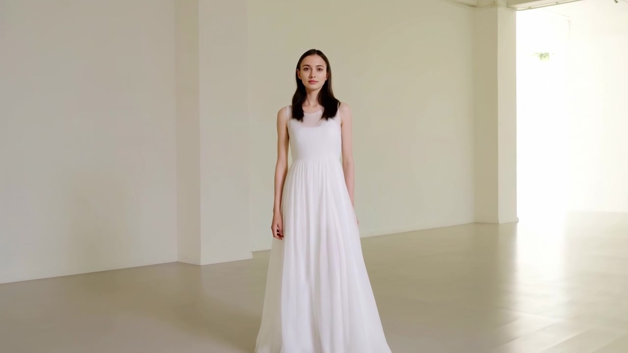 Retrato de cuerpo entero de una mujer joven vistiendo un vestido blanco fluido sin mangas, de pie ligeramente a la izquierda del centro en un interior luminoso y minimalista. Luz natural suave.