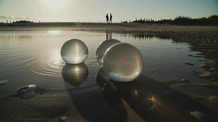 Sfere di vetro in movimento che reagiscono alle increspature e riflettono il sole sulla sabbia in spiaggia, una coppia in silhouette