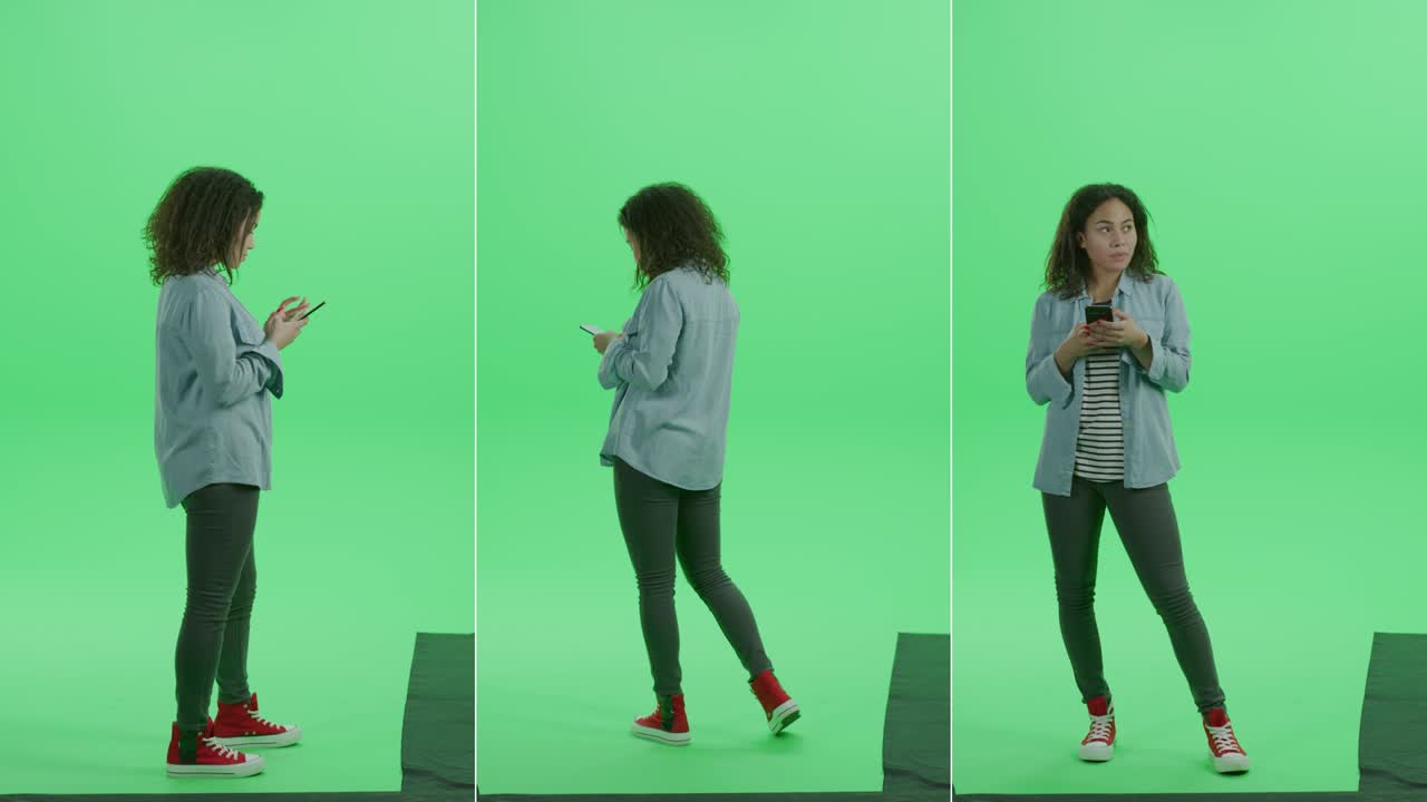 3'ü 1 Arada Yeşil Ekran Kolajı: Akıllı Telefon Kullanan, İnternette Gezinen, Sosyal Medyada Sohbet Eden Güzel Genç Kız. Çok Açılı En İyi Değer Paketi.