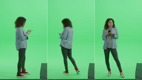 3-in-1 green screen collage: beautiful teenage girl uses smartphone, browses through internet, chats on social media. multiple angle best value package
