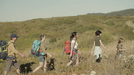 vue latérale d'une famille heureuse avec des sacs à dos marchant le long d'un sentier de randonnée en rangée