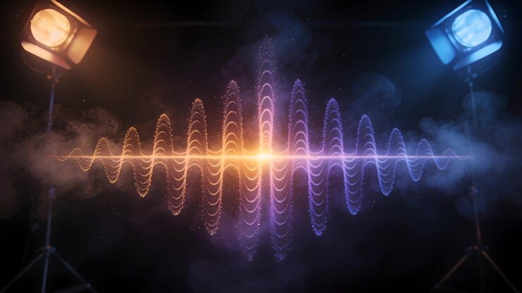 Pulsing animated waveform reacting to beat in studio, emitting sparks, haze, spotlights on tripod