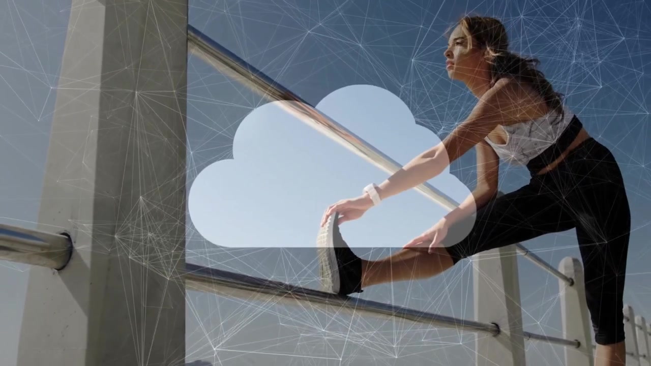 Young Woman Stretching on Beach Promenade with Digital Cloud Overlay