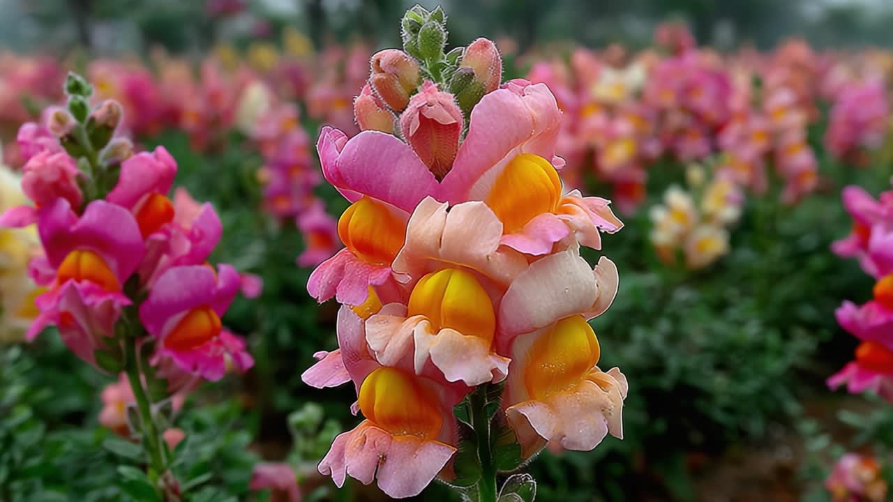 Uma Exibição Cativante de Bocas-de-Leão Vibrantes em Flor, Exibindo um Caleidoscópio de Cores e Pétalas Delicadas Contra um Fundo Verde Exuberante
