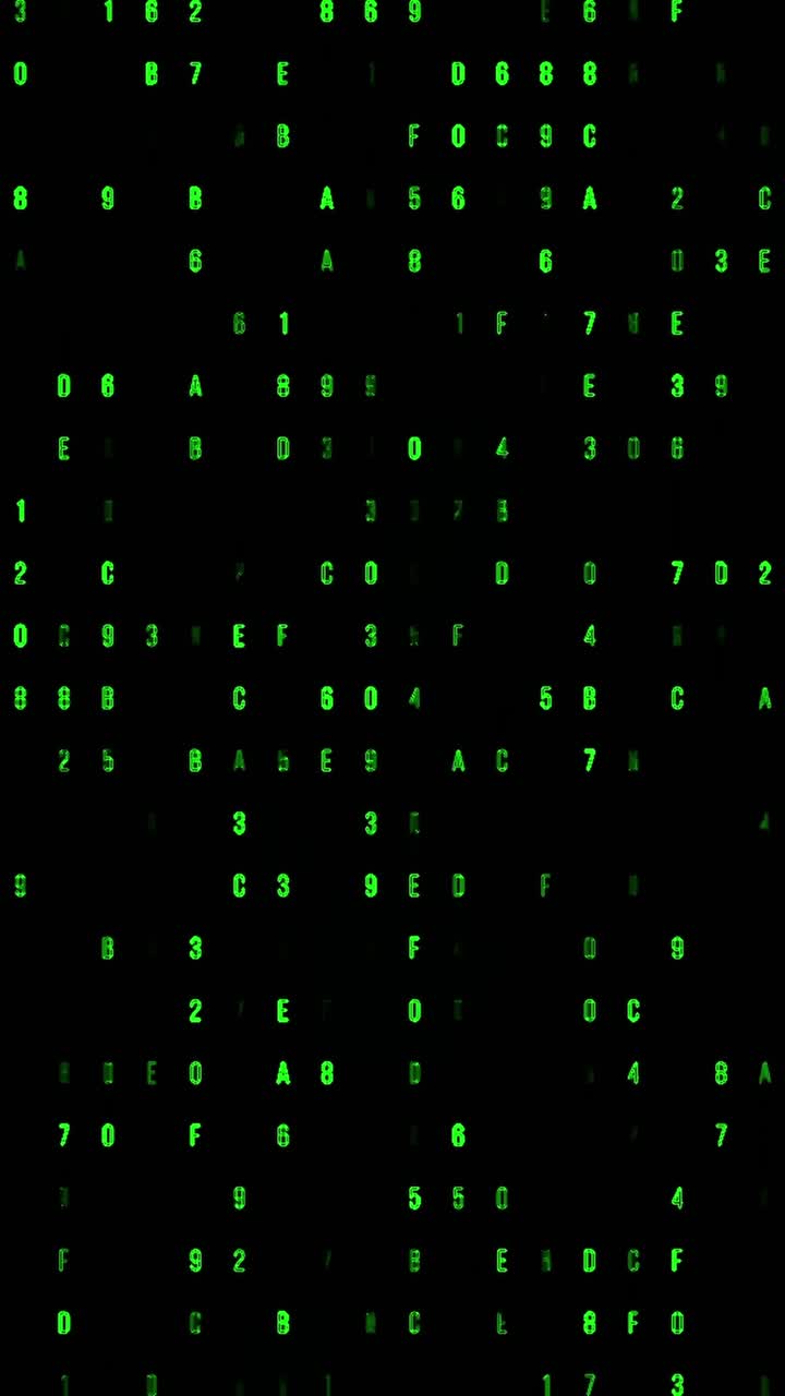 Grønne tegn og tal falder ned på en digital skærm, klassisk matrix regn-effekt på sort baggrund.