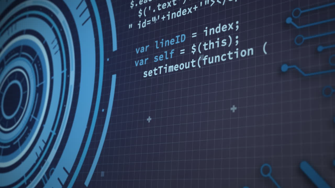 animación del escáner redondo, el procesamiento de datos y las conexiones del microprocesador sobre fondo azul