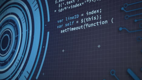 animation of round scanner, data processing and microprocessor connections on blue background