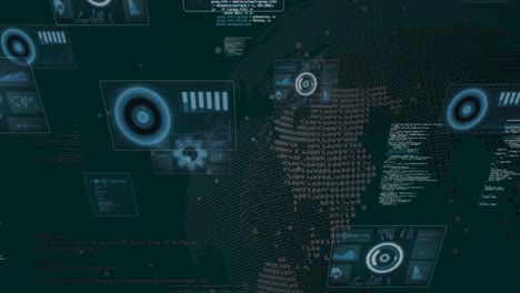 animación de globo giratorio y pantallas con círculos de escaneo, gráficos sobre lenguajes de programación
