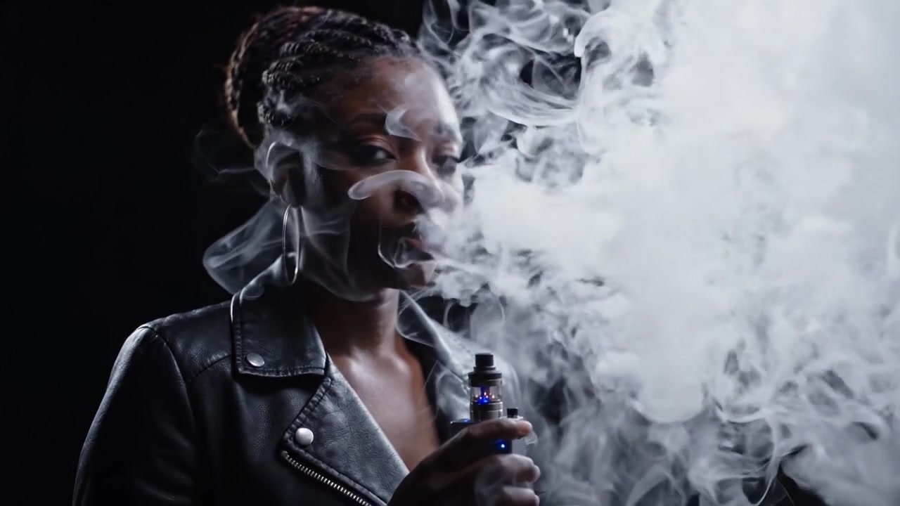 A Thoughtful Moment: A Young Woman in a Leather Jacket Engaged in Vaping, Surrounded by Clouds of Smoke in a Dark Environment