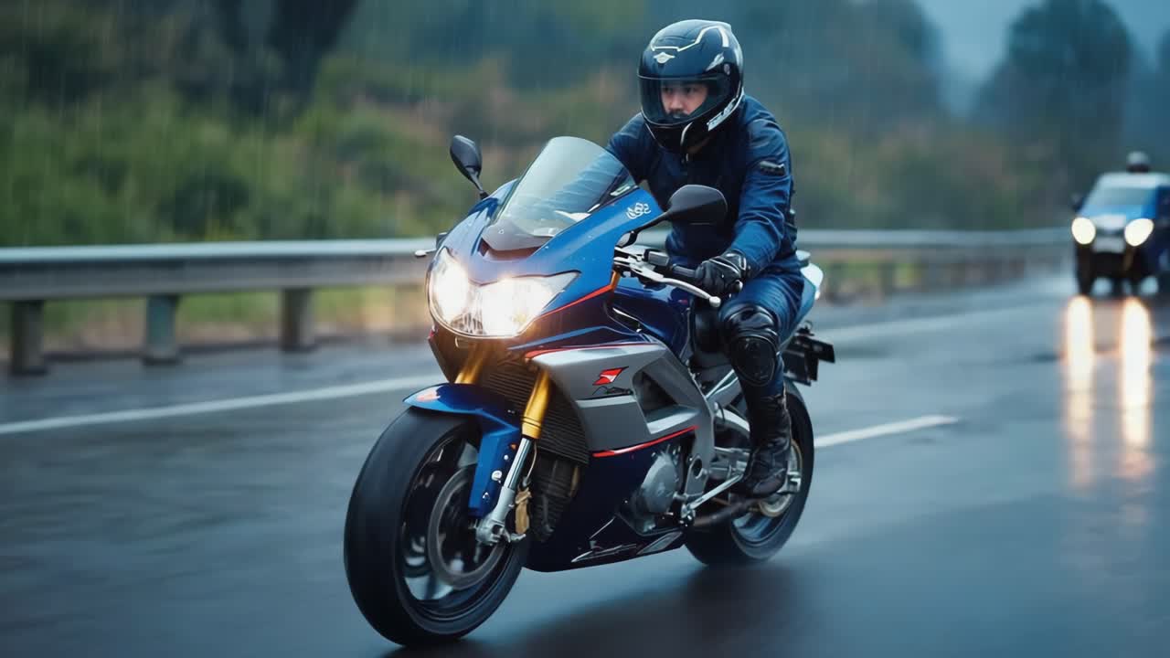 A person riding a blue sport motorcycle on a wet road in the rain