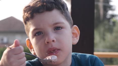 close-up of a cute little boy enjoying delicious ice cream during the summer