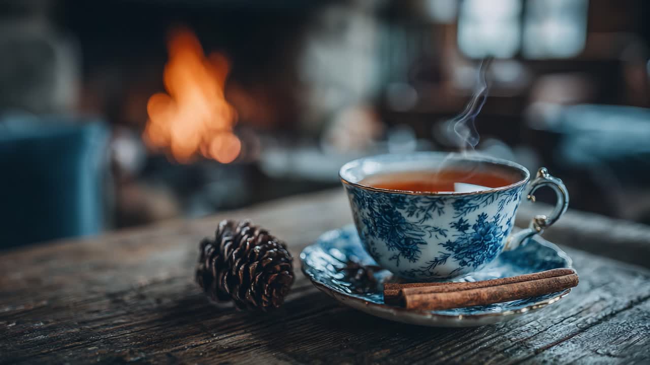 A Captivating Cup of Warm Tea with Cinnamon and Pinecone by the Fireplace, Emphasizing Cozy Ambiance and Comfort in a Rustic Setting