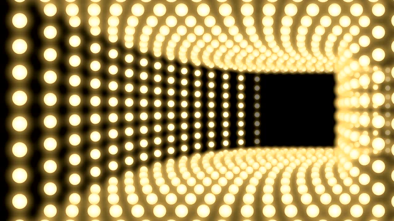 Tunnel Incandescent light bulb box frame rectangle shape moving pattern, retro 3D virtual style illustration glow in dark background seamless looping animation 4K, with copy space