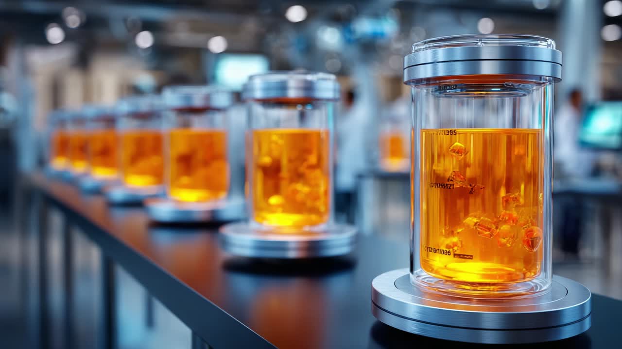 A captivating display of bioreactors showcasing vibrant orange liquid cultures in transparent vessels, highlighting the intricate designs and advanced technology in a modern laboratory environment
