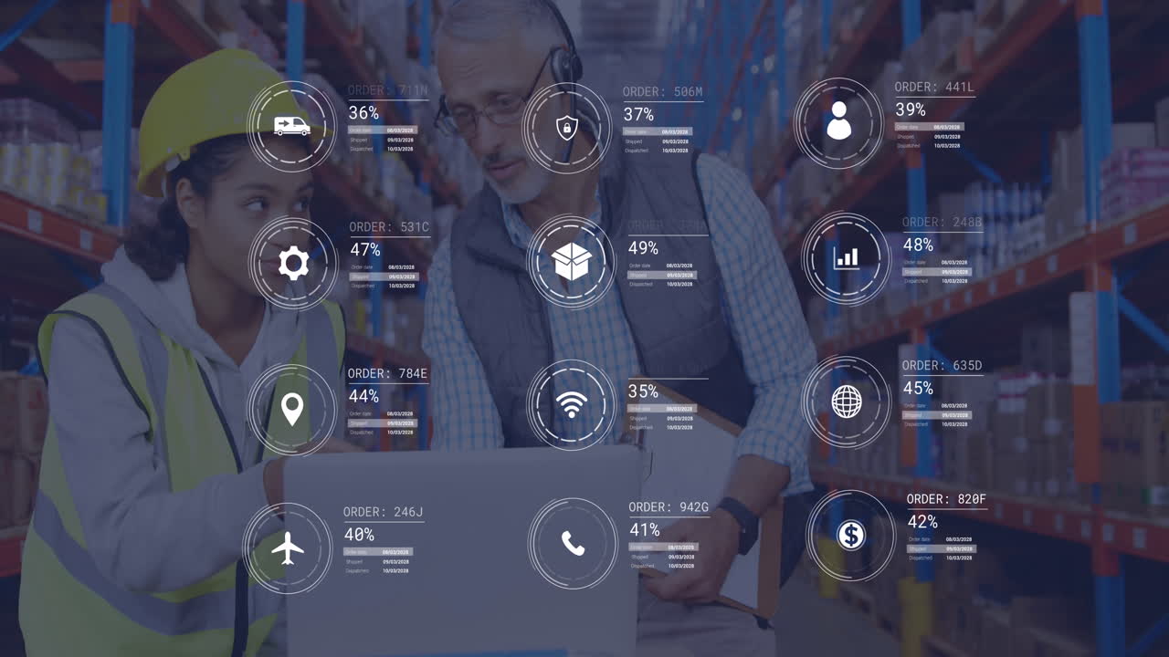 animación del procesamiento de datos sobre diversos supervisores masculinos y trabajadoras que discuten en el almacén