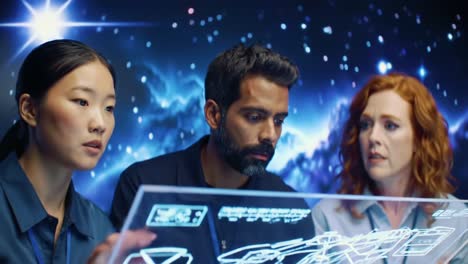 three professionals deeply engaged in an advanced technological demonstration, working with a transparent interface amid a cosmic backdrop filled with stars and galaxies
