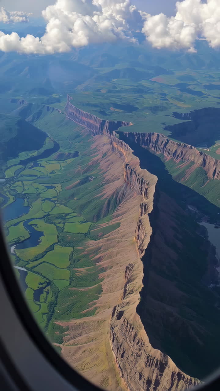 Panoramic Aerial View of a Dramatic Canyon and Verdant Valley from an Airplane Window