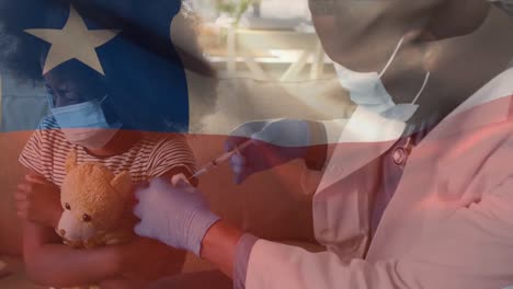 animation of flag of chile waving over doctor wearing face mask and vaccinating child