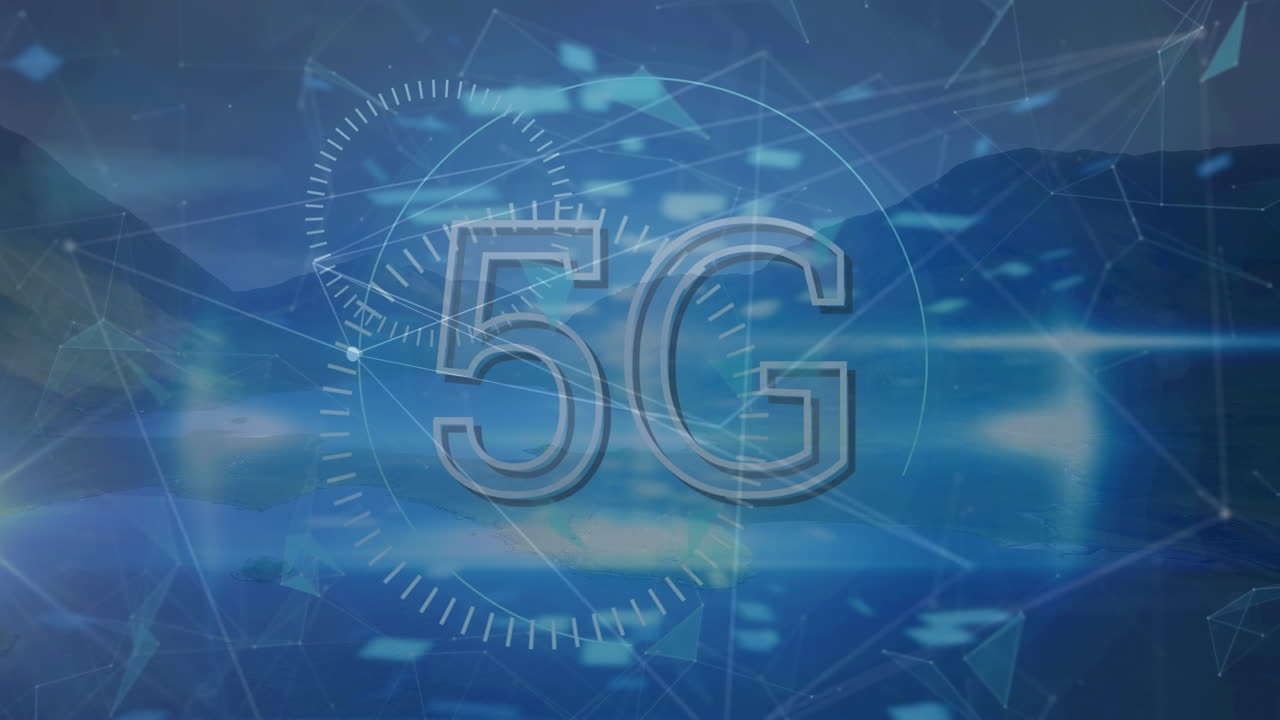 animazione di forme e testo 5g su paesaggio