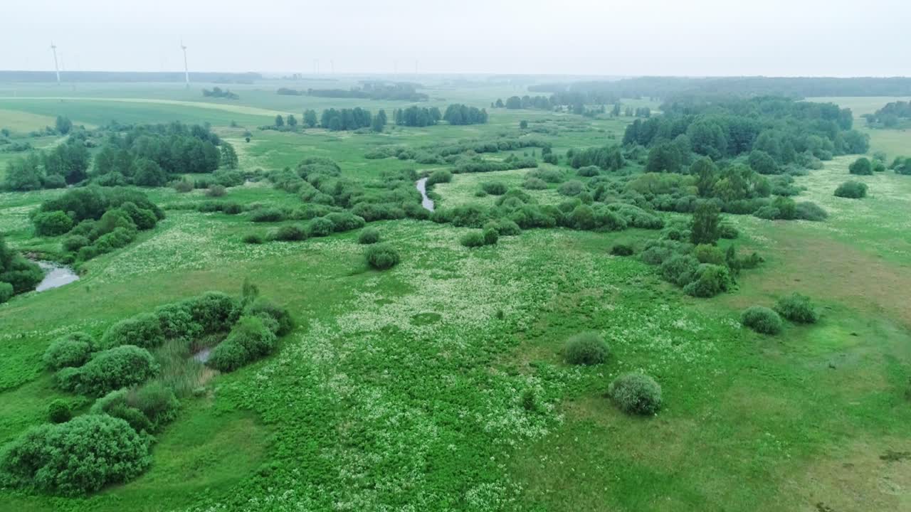 Soft fog covers wide Rucava meadows as winding river flows through rural Kurzeme