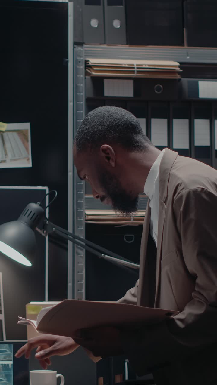 Vertical video: Partners checking evidence photos on detective map