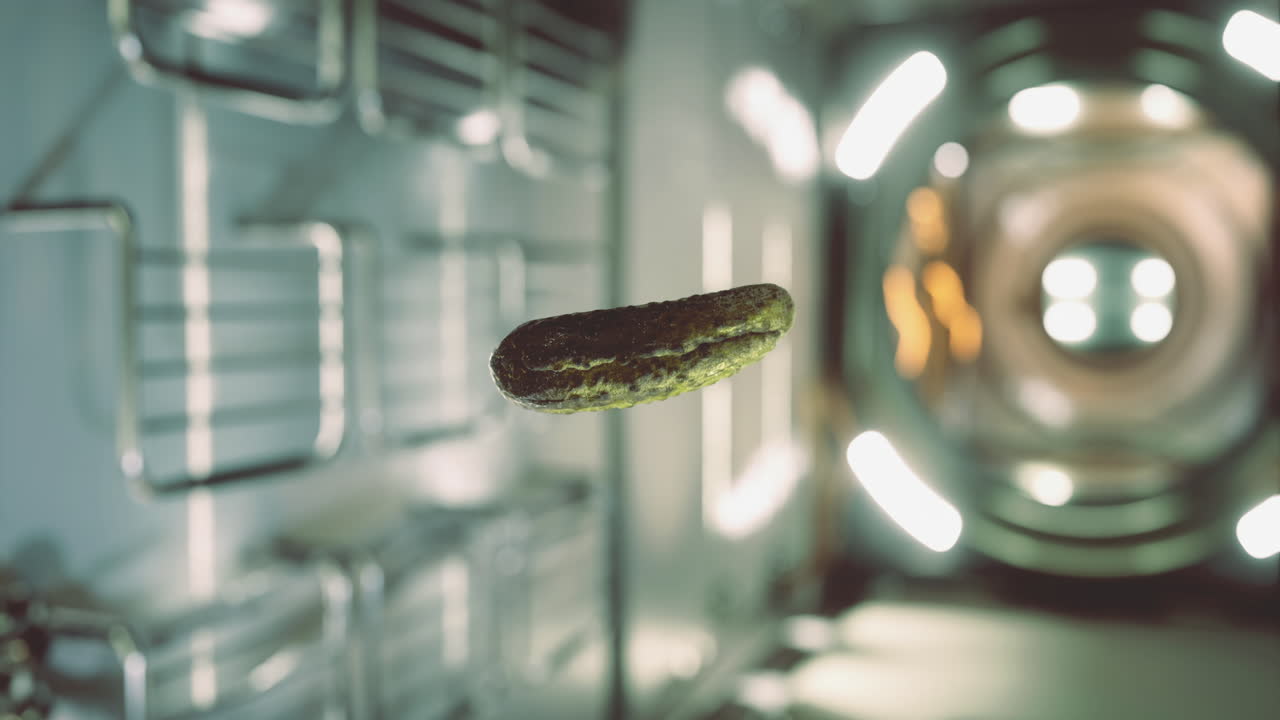 Futuristic lab featuring a floating cucumber and advanced tech