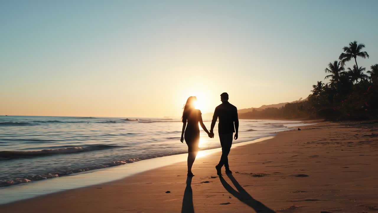 Sun lowering signaling couple pausing gaze then walking hand in hand along beach amid palm trees