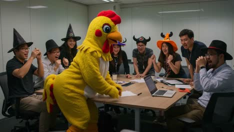 a colorful celebration: team members engaged in fun and laughter during a quirky costume gathering with a chicken mascot in an office meeting room
