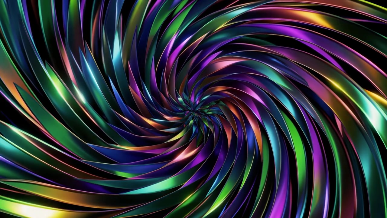 Spirale metallica astratta rotante con colori iridescenti