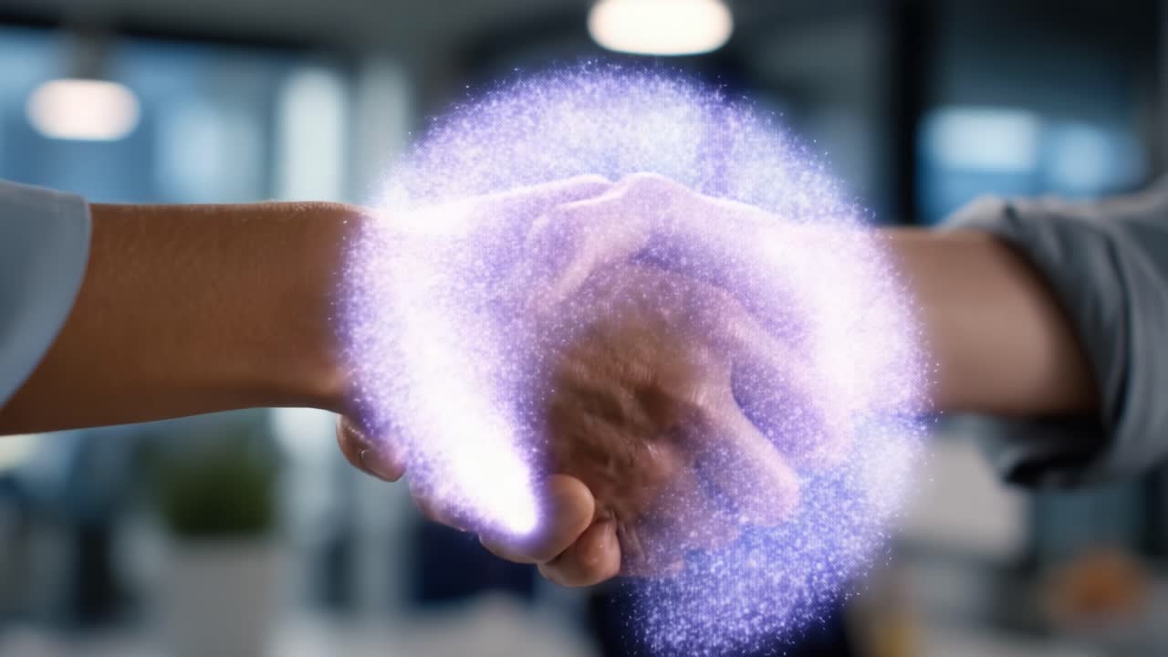 A symbolic handshake conveying unity and collaboration, illustrated with a surreal glowing effect, representing partnership and a shared vision in a modern workspace