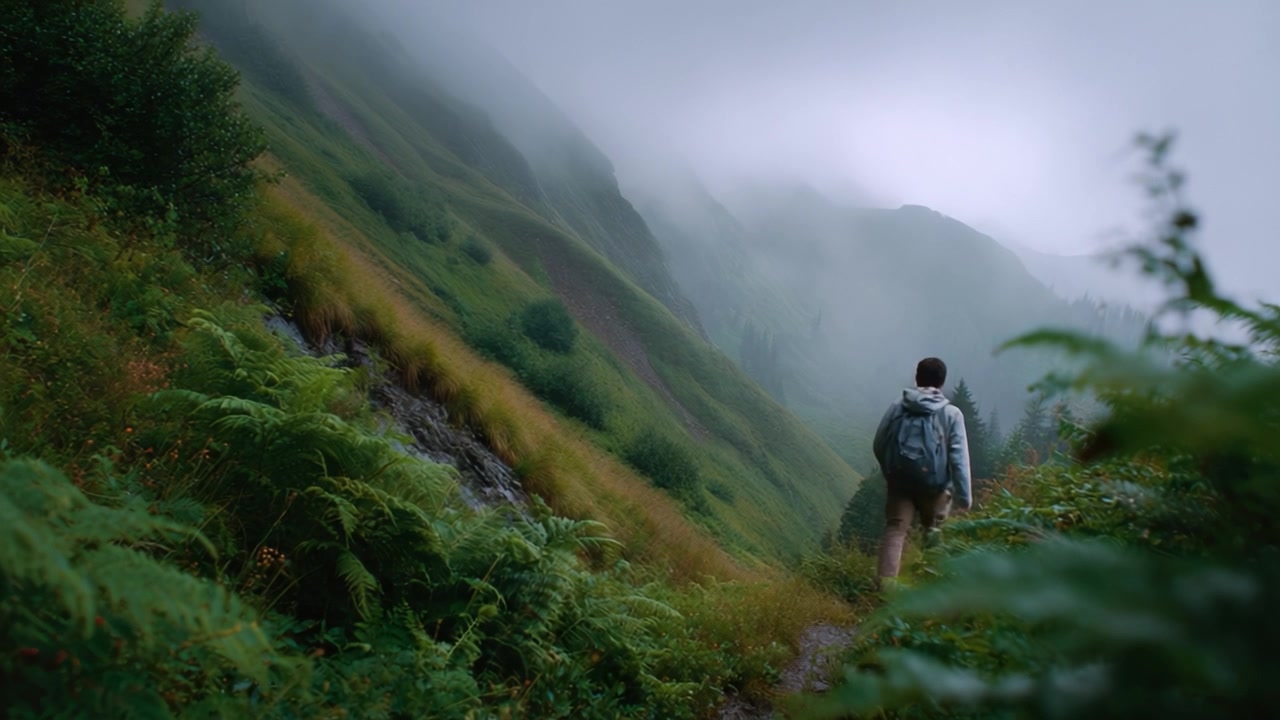 A serene trek through a foggy mountainous landscape, where nature's beauty unfolds amidst lush greenery and dramatic hills, inviting adventure and exploration.