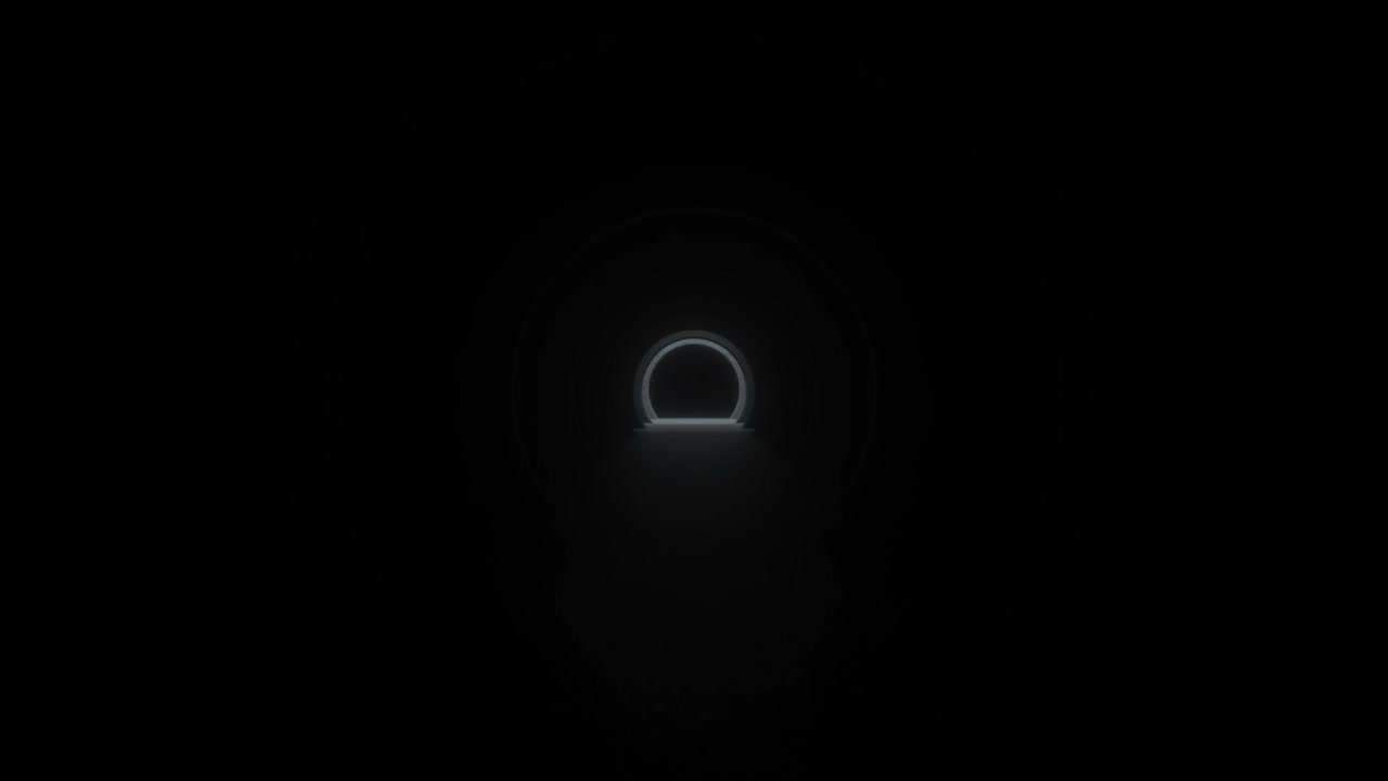 abstracto iluminado corredor vacío interior hecho de hormigón gris. líneas brillantes brillan y avanzan. corredor de túnel de arco del pasillo en fondo oscuro. bucle sin costuras animación 3d de 4k