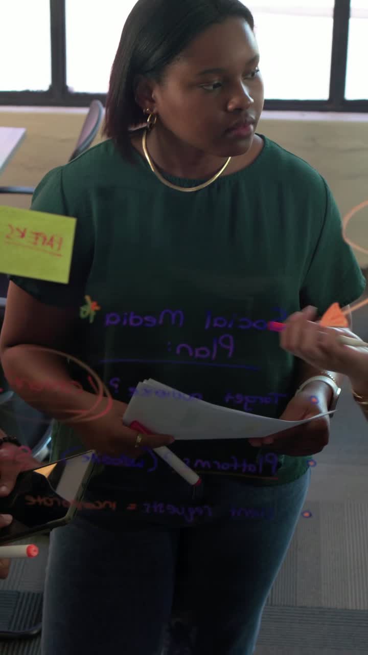 Video verticale: Una donna con un top verde si avvicina a una lavagna di vetro dopo che un uomo ha scritto per la pianificazione, usando un pennarello.