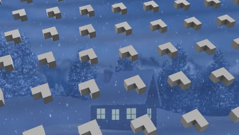 animación de filas de formas abstractas patrón y nieve de navidad cayendo sobre el paisaje de invierno
