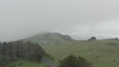 Rural-landscape-on-day-with-low-clouds,-Jaizkibel,-Spanish-Pyrenees,-Spain