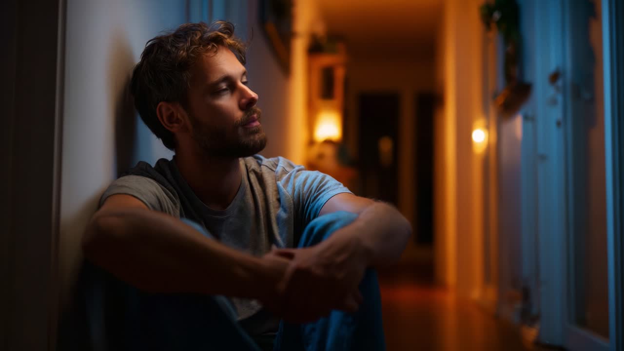 A Young Man Reflects in a Dimly Lit Hallway, Capturing a Moment of Introspection and Contemplation Amidst Shadows and Warm Glows of Ambient Light